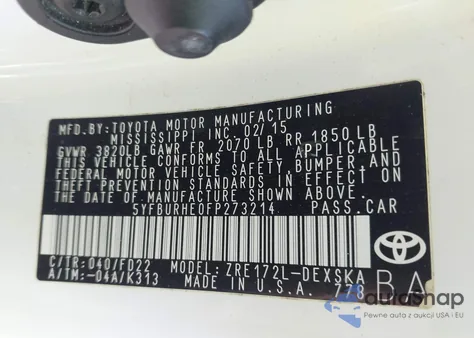 2015 Toyota Corolla S Plus из США, поврежденный, VIN 5YFBURHE0FP273214